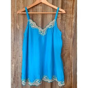Vintage Y2K Express Lace Trim Cami Tank Top Silk Blue White Sz L Fairy Coquette